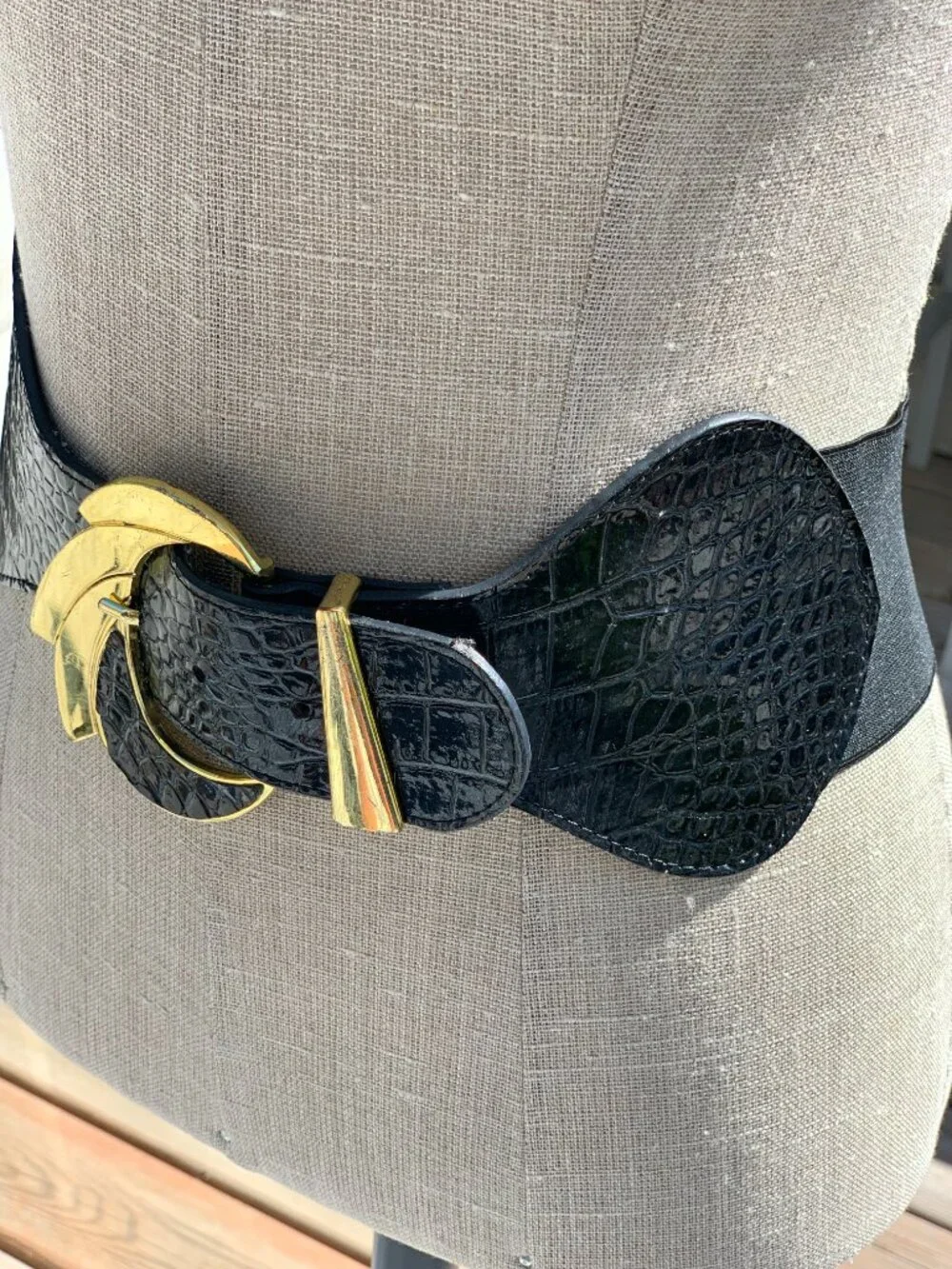 Vtg Wide Statement Belt Black Elastic Croc Embossed Faux Leather Gold Buckle Y2K